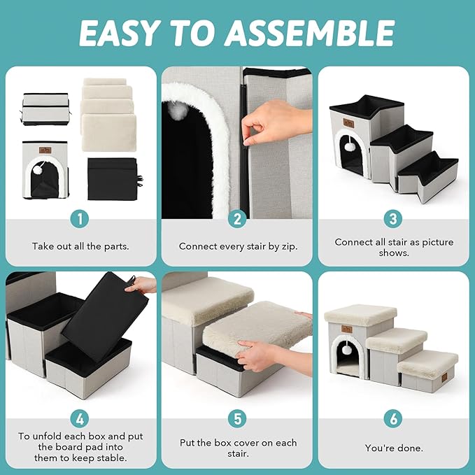 Dog Stairs for Small Dogs with Storage and Condo, 14" H Foldable Pet Stairs for Small Medium or Puppy Dogs and Older Cats, Dog Steps for Bed or Couch, 13x27x14 inch, 3 Tiers, Beige-PawvioPets