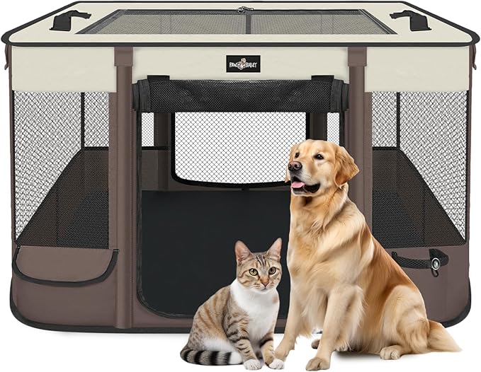 Foldable Pet Kitten Playpen, Upgrade Waterproof Portable Cat Dog Playpen Kennel Tent for Small Dog Cat, Removable Shade Cover, Come with Free Carrying Case, Indoor Outdoor Use for Small Pet, Brown-PawvioPets