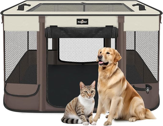 Foldable Pet Kitten Playpen, Upgrade Waterproof Portable Cat Dog Playpen Kennel Tent for Small Dog Cat, Removable Shade Cover, Come with Free Carrying Case, Indoor Outdoor Use for Small Pet, Brown-PawvioPets