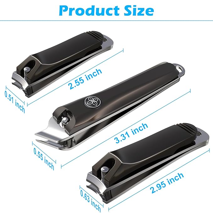 GLAMFIELDS 3pcs Nail Clippers Set, Black Stainless Steel Slanted Edge Nail Clipper & Fingernail & Thick Toenail Trimmer for Men and Women-PawvioPets