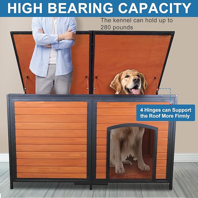 Extra Large Dog House Outdoor Weatherproof 59.1" Outside Wooden Dog Kennel, Chewproof Strong Iron Frame Window-PawvioPets