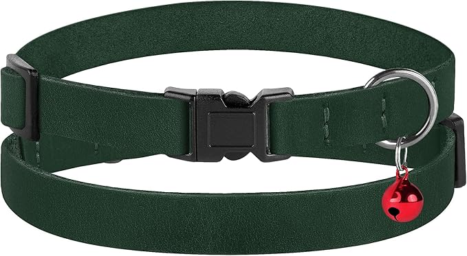 Breakaway Cat Collar Leather with Removable Bell - 13 Colors Available - Soft Adjustable Girl Boy Safety Lightweight Pet Kitten Collars Pink Brown Blue Green Red Orange Black (Emerald)-PawvioPets
