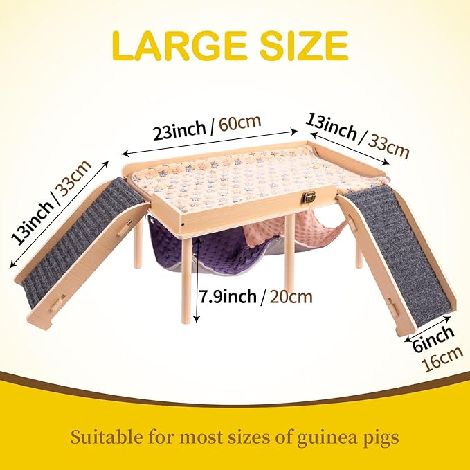 Enlarged Guinea Pig Hammock with Platform and Stairs,Wooden Foldable Piggies Hideout for Guinea Pigs Bunny Ferret Hamster Hiding Sleeping Activities 24L x 12W x 11H in（Double）-PawvioPets