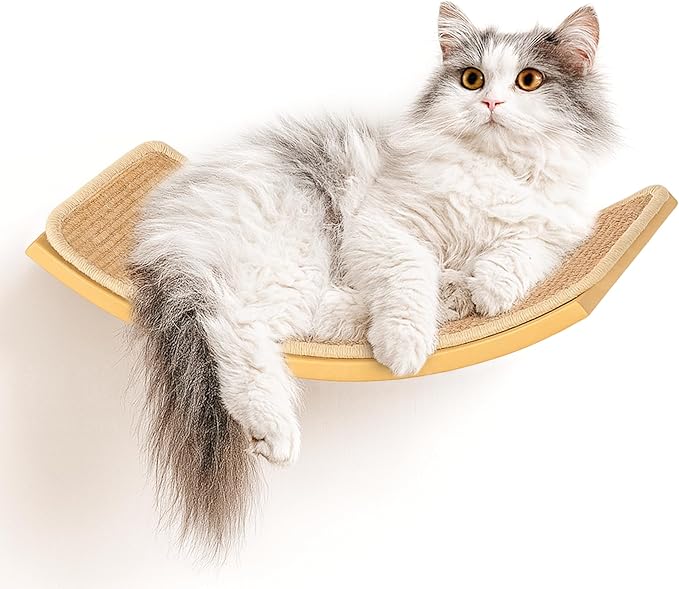 Curved Cat Wall Hammock with Scratchable Sisal Pad, Large Floating Cat Shelf for Wall, Wall Mounted Beige Bed for Playing, Climbing, and Sleeping-PawvioPets