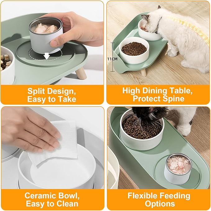 Elevated Dog Bowls Set, Ceramic Pet Food & Water Bowls with Non-Slip Stand, No Spill Design for Cats/Small Medium Dogs Green-PawvioPets