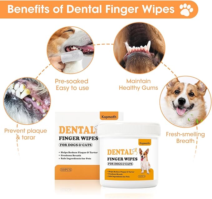 Dog Dental Wipes, Dog Teeth Cleaning Finger Wipes, Reduce Plaque & Tartar, Freshen Breath, Safe Natural Pet Dental Care Finger Wipes for Dog & Cat, Portable & Disposable Dog Tooth Wipes, 50 Ct-PawvioPets
