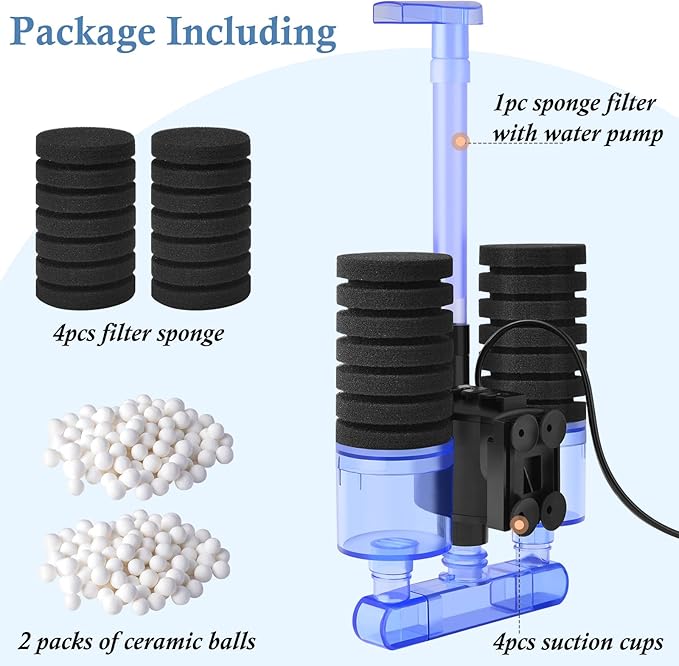 FEDOUR Aquarium Sponge Filter with Water Pump, Quiet Electric Biochemical Filter, with 4pcs Filter Sponge and Ceramic Balls, for up to 40Gallon Fish Tank, Turtle Tank, Shrimp Tank-PawvioPets