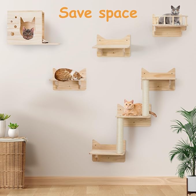 9-Piece Cat Wall Shelves and Perches for Wall, House, Lookout Tower, 2 Sisal Scratching Posts, 5-Step Wall Ladder, 7 Sisal Mat, Ideal Shelves for Wall - Sturdy Cat Wall Shelves for Large Cats-PawvioPets