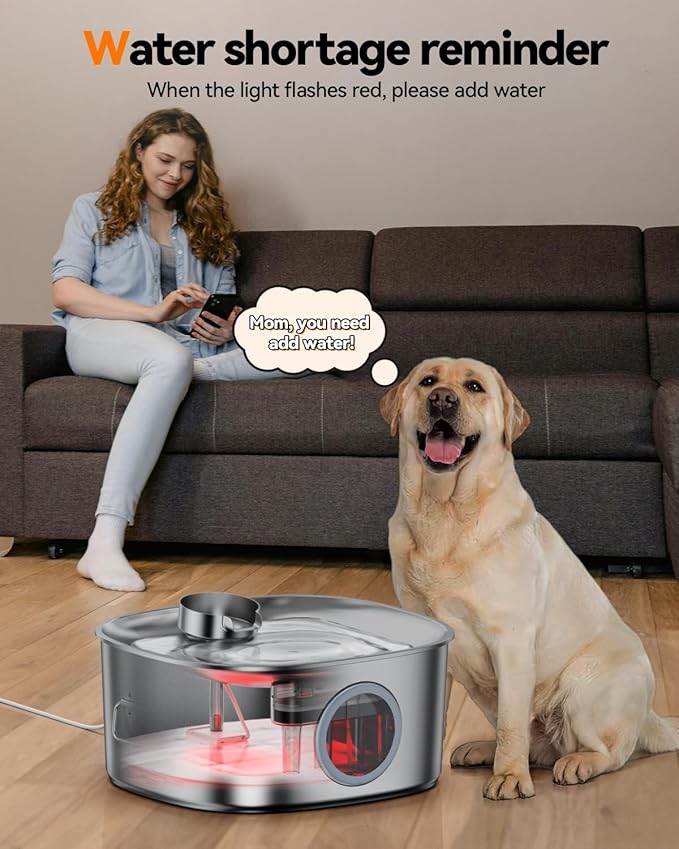 Dog Water Fountain Stainless Steel, 11L/2.8Gal Large Pet Fountain for Large Dogs Inside, Dog Fountain Water Bowl Dispenser with Visible Window & LED, Ultra Quiet for Multi-Pet (Filters)-PawvioPets