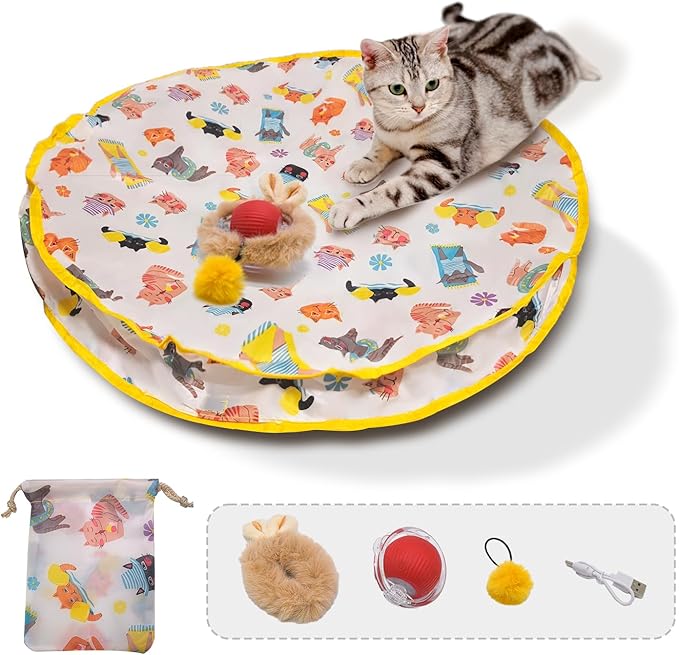 28-Inch Automatic Cat Toys Cat Play Mat with Motion-Activated Rolling Ball–Interactive Hide-and-Seek Cat Toy for Indoor Cats’ Exercise-PawvioPets
