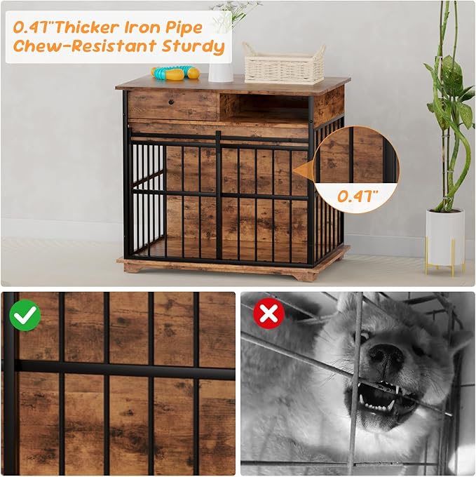 35.5" Dog Crate Furniture, Wooden Dog Crate Furniture for Medium Small Dogs, Wooden Dog Kennel End Table with Drawer and Open Shelves, Sliding Door Dog Kennel Furniture-PawvioPets
