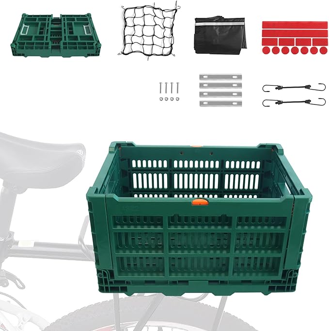 Foldable Large Green Plastic Bicycle Rear Basket with Cargo Net and Waterproof Cover Net for Shopping Outings, Pets, School, Picnics or Outdoor Activities, Easy to Install on Rack Mount-PawvioPets