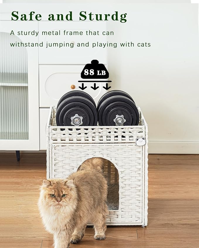 Cat Beds for Indoor Cats Extra Large Double Cat Cave Pet Cube, Handwoven Rattan Cat Houses with Double-Sided Soft Cushions, 18.5 x 20.5 x 19.1 Inches Foldable Hideaway in Living Room White-PawvioPets
