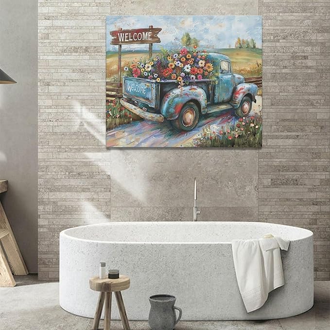 Farmhouse Truck Wall Art Rustic Country Wildflowers Wall Decor Road Flowers Landscape Pictures Canvas Print Painting Artwork for Bathroom Living Room Bedroom 20"x24"-PawvioPets