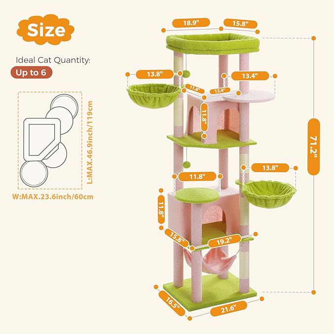 71.2" Large Cat Tree for Multi-Cat Households - Heavy-Duty 9-Level Cat Tower w/5 Sisal Scratching Posts, 2 Condos, 3 Hammocks, Extra-Large Perch & Pompoms - Space-Saving, Pink-PawvioPets