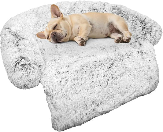 Calming Dog Bed Fluffy Plush Dog Mat for Furniture Protector with Removable Washable Cover for Large Medium Small Dogs and Cats (Small(35x31x5), Light Grey)-PawvioPets