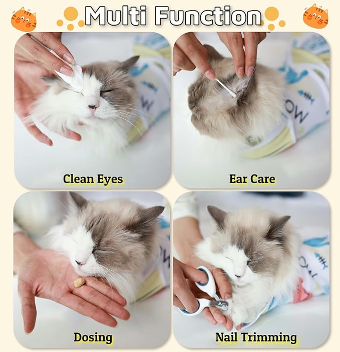 31.5" Cat Wrap for Grooming-Premium Cat Grooming Wrap Cat Restraint for Nail Clipping, Self-Adherent Soft Cat Blanket to Wrap Cat Anti-Scratch Anti-Escape Grooming Bag (White, XXL)-PawvioPets
