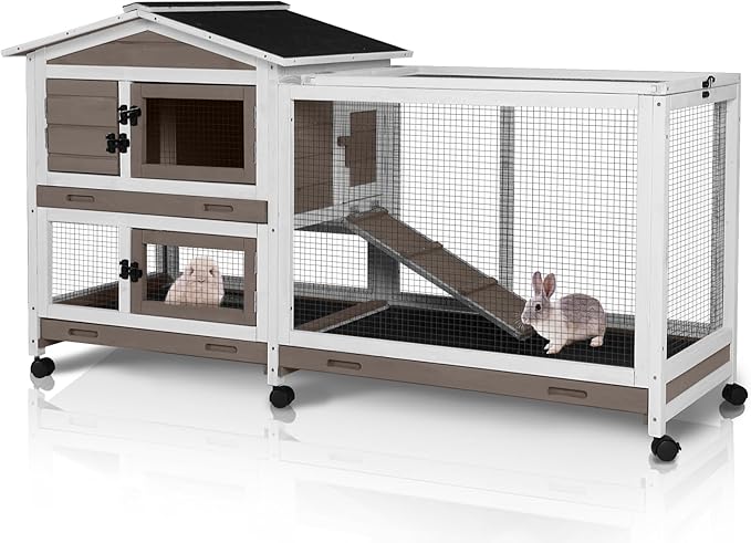 62" Rabbit Hutch with Chew-Proof Ramp & Waterproof Roof - Indoor/Outdoor Bunny Cage, 2-Story Design, 6 Lockable Caster Wheels & Dual Pull-Out Trays (Brown)-PawvioPets