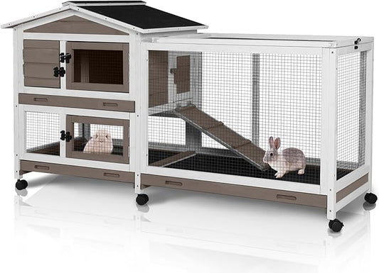 62" Rabbit Hutch with Chew-Proof Ramp & Waterproof Roof - Indoor/Outdoor Bunny Cage, 2-Story Design, 6 Lockable Caster Wheels & Dual Pull-Out Trays (Brown)-PawvioPets