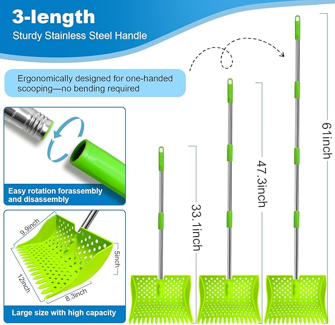12-Inch 2-in-1 Chicken Poop Scooper & Rake – US Patent Pending – 3-Shape Sifting Holes Chicken Coop Rake，Stainless Steel Handle （20–61"）– Litter Scoop Sand & Sifting Shovel for Chicken Coops(Green)-PawvioPets