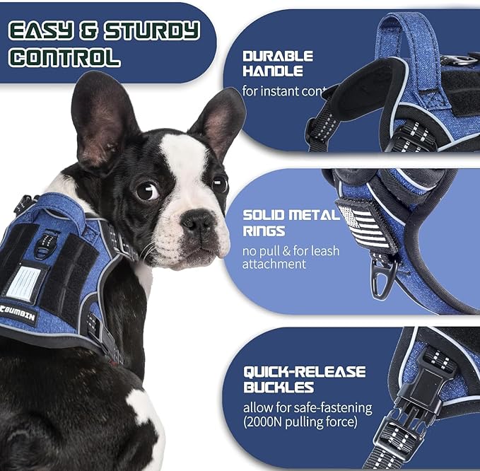 BUMBIN Tactical Dog Harness for Large Dogs No Pull, Famous TIK Tok No Pull Puppy Harness, Fit Smart Reflective Pet Walking Harness for Training, Adjustable Dog Vest Harness with Handle Denim Blue L-PawvioPets