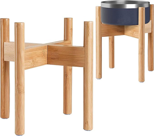 Dog Bowl Stand for Large Dogs - Raises Feeders and Bowls to 12-inch High, Expandable Sideways, Compatible to Various Sizes of Slow Feeders, Water Dishes and Fountains - Bamboo-PawvioPets