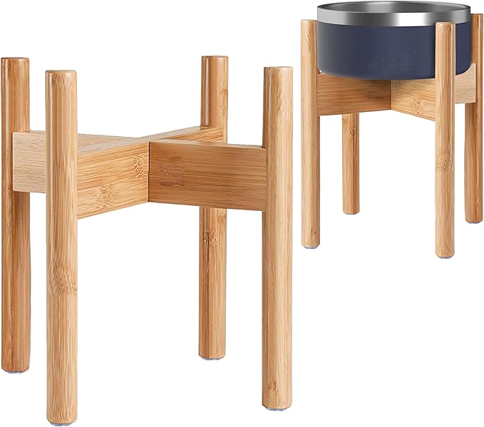 Dog Bowl Stand for Large Dogs - Raises Feeders and Bowls to 12-inch High, Expandable Sideways, Compatible to Various Sizes of Slow Feeders, Water Dishes and Fountains - Bamboo-PawvioPets