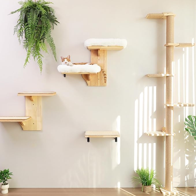 FUKUMARU Cat Wall Shelves, 2 Platform Cats Walls Furniture, Tree Shape Kitten Floating Shelf with Soft Cushion Perch, Solid Rubber Wood for 16 Inch Drywall, Suitable for Climb, Play, Nap-PawvioPets