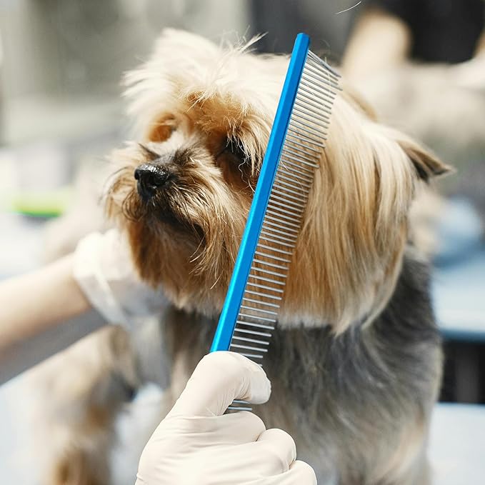 2 Pack Dog Combs with Stainless Steel Teeth Applicable to Cat Dog Comb Removing Tangles Easily Remove Dirt Grooming Anti-Slip Comfort Grip Handle （blue）-PawvioPets
