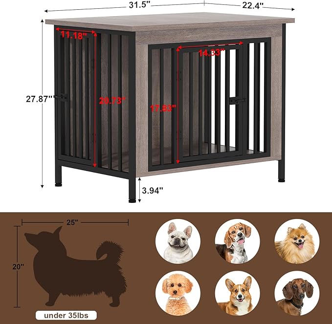 EasyCom 31.5" Small Dog Crate Furniture, Chew-Resistant Dog Crates for Small and Medium Dogs, Dog Kennel Furniture Indoor with 2 Doors and 3.94" Raised Feet, as TV Stand, End Table, Crate Table-PawvioPets