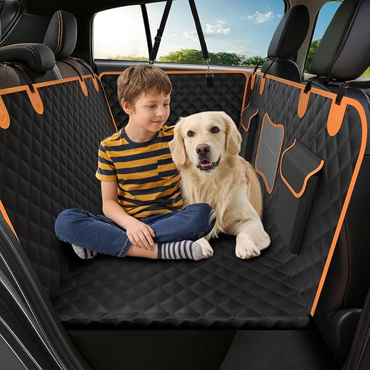 Back Seat Extender for Dogs - Holds 450lbs, Waterproof Dog Car Seat Cover for Back Seat with Hard Bottom for Cars SUVs Truck,Anti-Scratch No Slip Large Space Pet Backseat Protector,Black Orange-PawvioPets