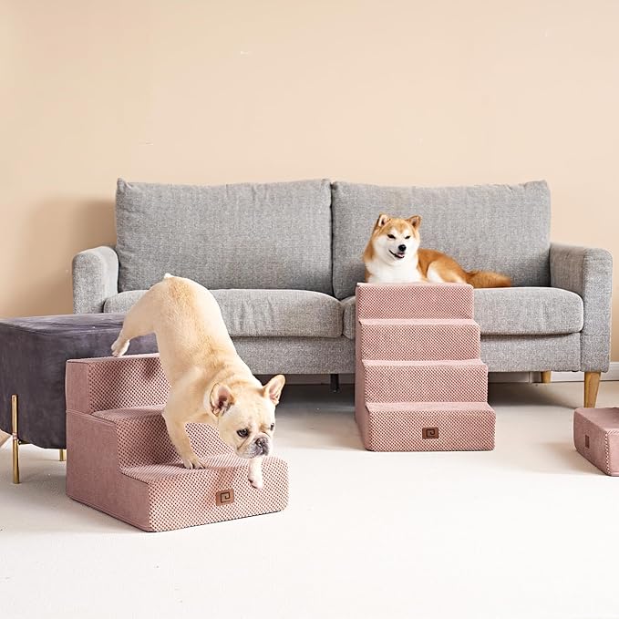 EHEYCIGA Dog Stairs for Small Dogs 13.5" H, 3-Step Dog Steps for Couch Sofa and Chair, Pet Steps for Medium Cats, Non-Slip Balanced Pet Ramp Indoor, Pink-PawvioPets
