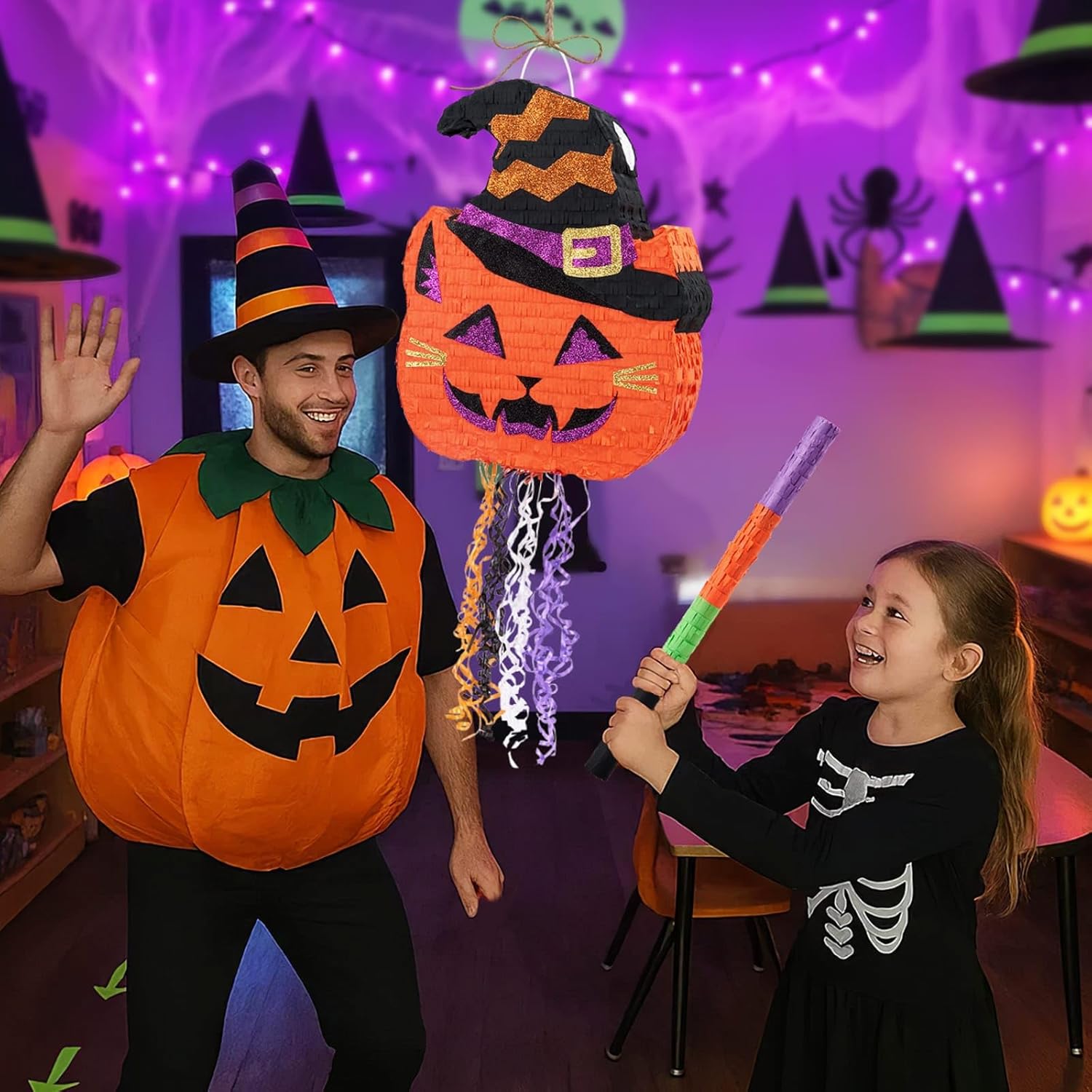 WERNNSAI Halloween Pumpkin Pinata - Halloween Pumpkin Party Decorations Black Cat Party Games for Kids Baby Hallows Eve Supply Jack O Lantern Pumpkin Design with Bat Blindfold