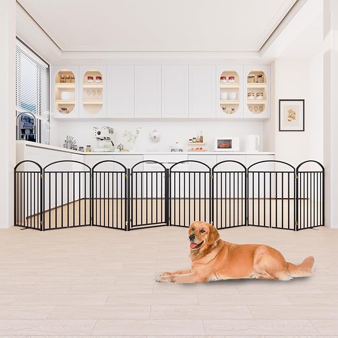 8 Panles Full Matel Freestanding Dog Gates with Door, 192"Extra Wide 32"Tall Free Standing Dog Pet Gate for Indoor & Outdoor. Foldable Pet Fences for Doorways, House, Stairs, Porch, Deck, Yard-PawvioPets