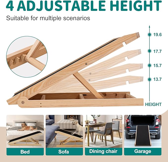 Dog Ramp for Bed, Adjustable Pet Ramps for Dog to Get on Bed, Non-Slip Rubber Surface - Folding Wooden Dog Ramp for Small/Large/Old Dogs, Adjustable up to 19.5 inch High Beds-PawvioPets