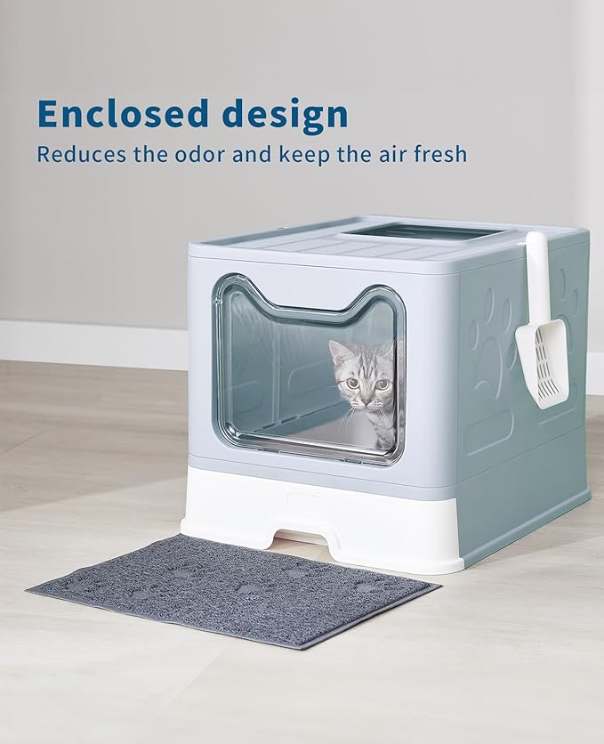 Cat Litter Box with Litter Mat and Scoop, Large Foldable Litter Box with Lid, Front Entry Top Exit Kitty Box, Odor Control, Easy to Clean (Blue)-PawvioPets