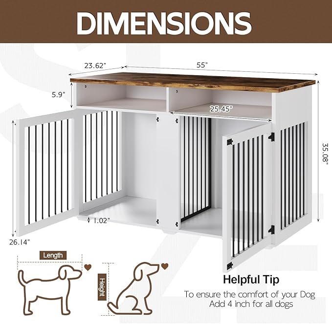 Dog Crate Furniture for 2 Dogs, 55 Inch Dog Crate Indoor with Removable Divider and Shelf Storage, Wooden Dog Crates for Medium/Large Dogs, White-PawvioPets