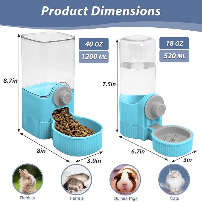 Fhiny Rabbit Food & Water Dispenser, Large Capacity Gravity Guinea Pig Feeder and Waterer Set for Cage Hanging Automatic Bunny Feeder for Bunny Guinea Pig Chinchilla Ferret Cat Puppy-PawvioPets