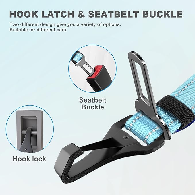 Dog Seat Belt 3-in-1 Car Harness for Dogs Adjustable Safety Seatbelt for Car Nylon Reflective Bungee Fabric Dog Car Harness with Clip Hook Latch & Buckle, Swivel Zinc Alloy Carabiner (Light Blue)-PawvioPets