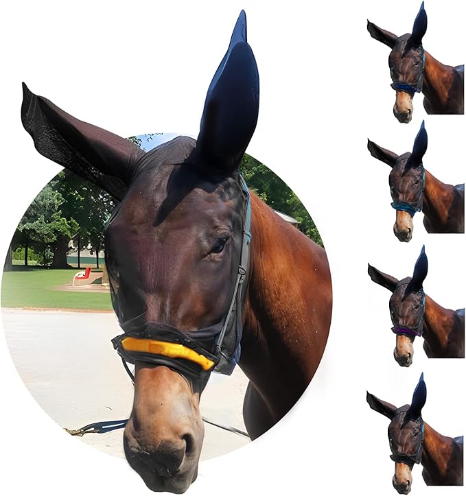 Donkey Fly Mask with Long Ears (Orange) Half Hoodie for Standard Donkey, Made in USA - Mule Fly Mask with Ears Protection from Insects and Bugs, Face Cover Soft Mesh Fabric with Adjustable Fastener-PawvioPets