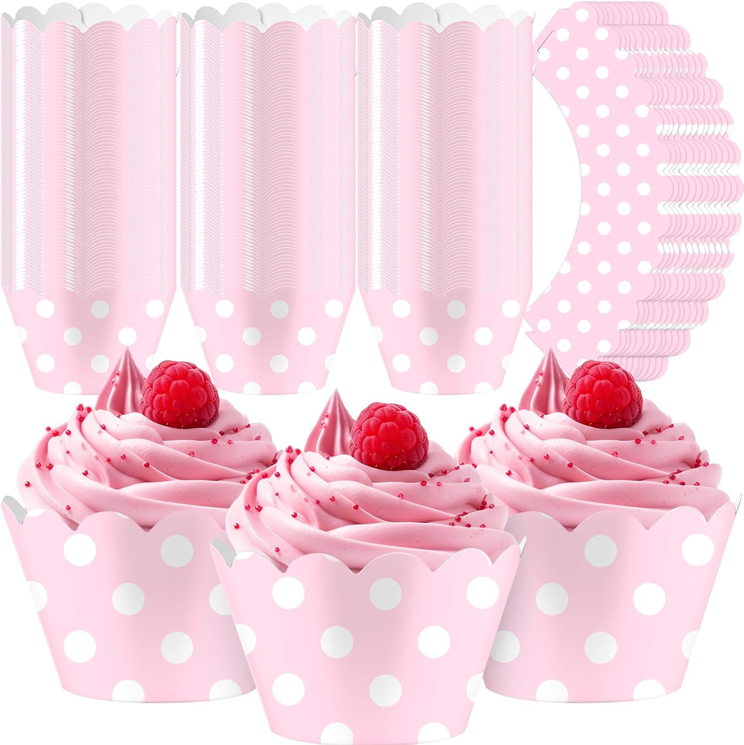 Domensi 100 Pcs Pink Polka Dots Cupcake Wrappers Rustic Cupcake Liners Baking Cups Baking Liners for Wedding Bridal Baby Shower Birthday Breast Cancer Awareness Party Supplies Dessert Decoration