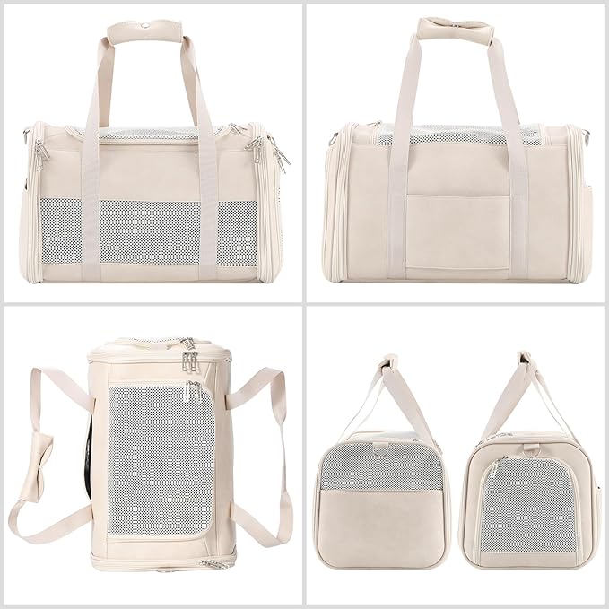 Fashion Leather Dog Carrier, Airline Approved Cat Carrier Soft Sided Pet Bag Carrier Purse for Puppy Kitten Small Animals White-PawvioPets