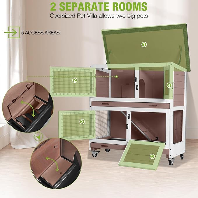 2-Story Rabbit Hutch Indoor Bunny Cage Wooden Guinea Pig House with Chew-Proof Ramp, Leakproof Slide-Out Trays, Lockable Caster Wheels for 1-3 Rabbits (Brown)-PawvioPets