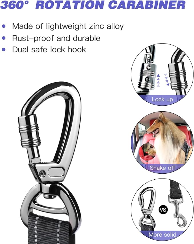 AUBELL Dog Seat Belt for Car,Updated 3-in-1 Adjustable Reflective Bungee Heavy Duty Dog Car Harness Tether with Clip Hook Latch & Buckle,Swivel Zinc Alloy Carabiner,Black-PawvioPets