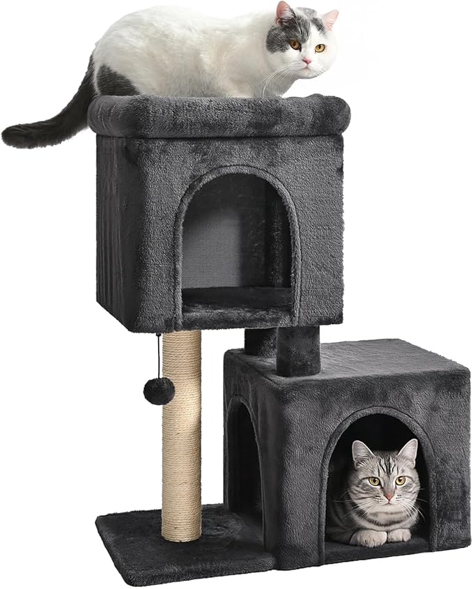Amazon Basics 30 inch 2 Story Condo Cat Tree with Scratching Posts for Indoor Cats up to 16 lbs, Activity Center with Cozy Perch, Replaceable Hanging Pompom, Dark Gray-PawvioPets