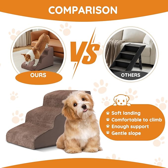 Dogs Steps for Bed, Dog Stairs for Small Dogs, 4-Step Dog Ramp for Bed, Couch, Sofa, and Chairs, Non-Slip Bottom Design, Cat Scratching, High Density Foam Portable Pet Step, Indoor, Coffee-PawvioPets