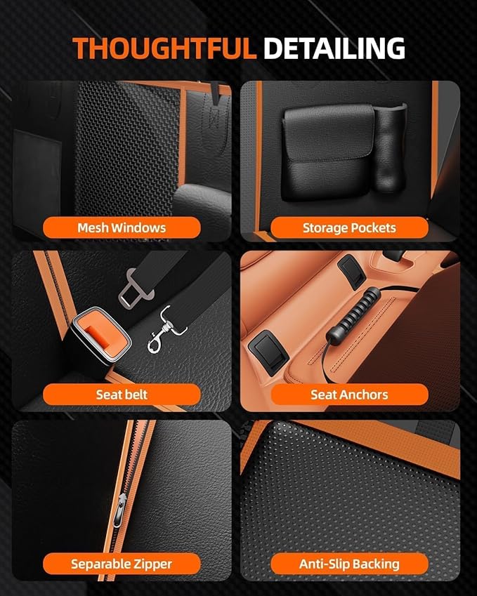 6-in-1 Leather Dog BackSeat Extender, Hard Bottom 40/60 Split Waterproof Car Back/Front Seat Cover, Rear Hammock Carseat Protector, Large Size Pet Mat for SUV/Truck/Cargo, Vehicle Bed Travel Accessory-PawvioPets