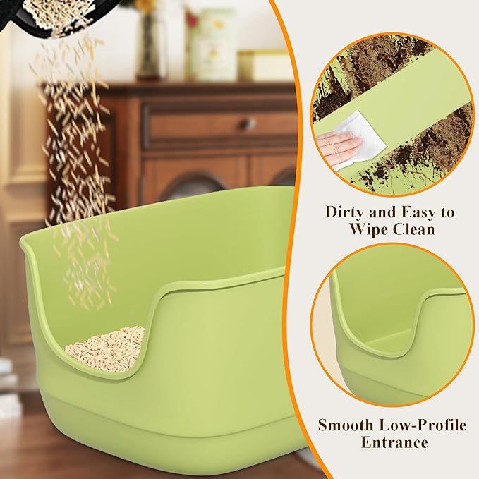 Gefryco Large Cat Litter Box with High Sided 24.6"x18.3"x12.2" - Jumbo Extra Large Open Anti - Splashing High Wall for Multiple Cats (Green)-PawvioPets
