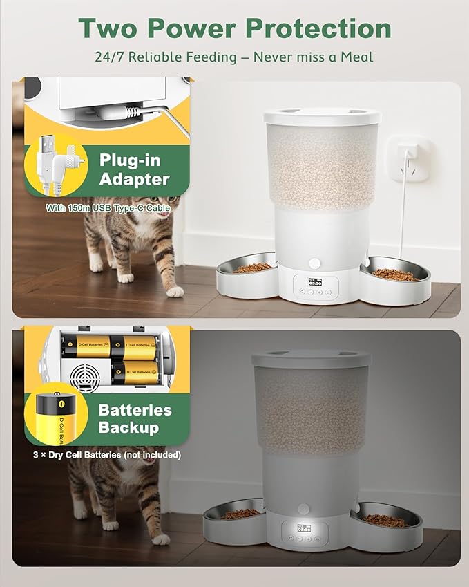 Gimars 5L Automatic Cat Feeder for 2 Cats, Programmable 1-6 Meals Cat Food Dispenser with Stainless Steel Bowl, Easy Setup, Dual Power Supply,10s Meal Call Timed Pet Feeder for Cats and Small Dogs-PawvioPets