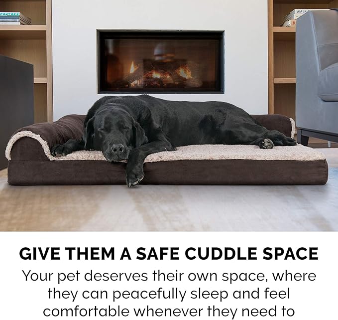 Furhaven Cooling Gel Dog Bed for Large/Medium Dogs w/ Removable Bolsters & Washable Cover, For Dogs Up to 55 lbs - Two-Tone Plush Faux Fur & Suede L Shaped Chaise - Espresso, Large-PawvioPets